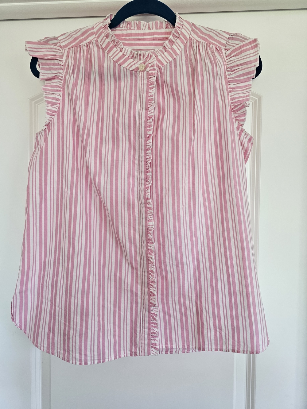 LOFT Women's Pink White Striped Ruffle Sleeve Woven Blouse XS